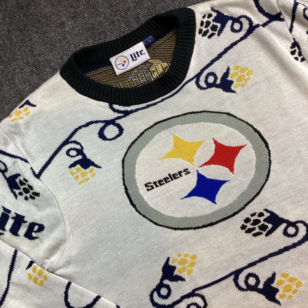 Pittsburgh Steelers Miller Lite Beer Knit Sweater Mens L White NFL Football 193
